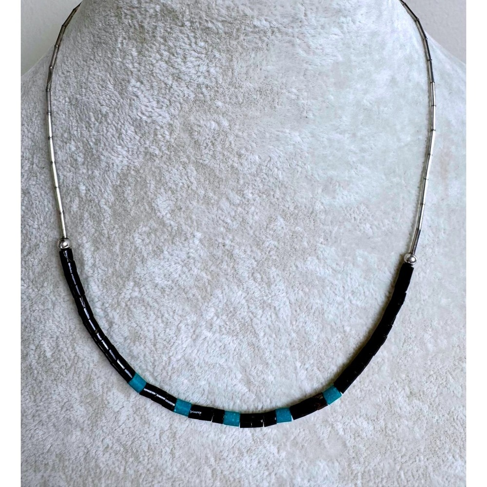 VTG Native Southwestern Liquid Silver Turquoise 15" Necklace Boho Western Choker
